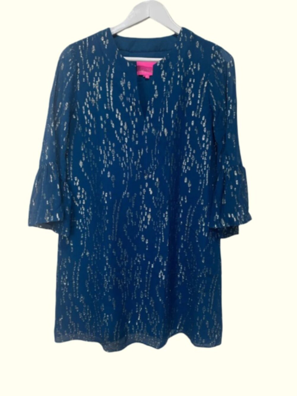 Lilly Pulitzer Teal Dressy V-Neck Tunic with Silver Accents sz S